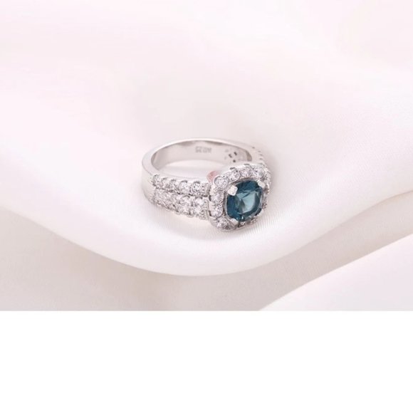 Stunning  2.5ctw Blue Sapphire / Diamond Halo Bridal Ring 925 Sterling Silver - Picture 15 of 16